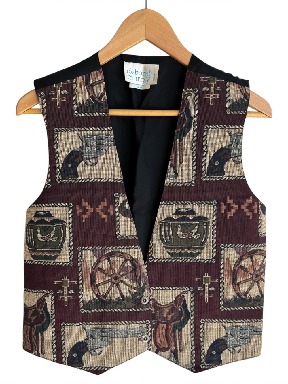 Vtg Deborah Murray Western Tapestry Vest Sz M Horse Saddle Revolver Rodeo Cowboy
